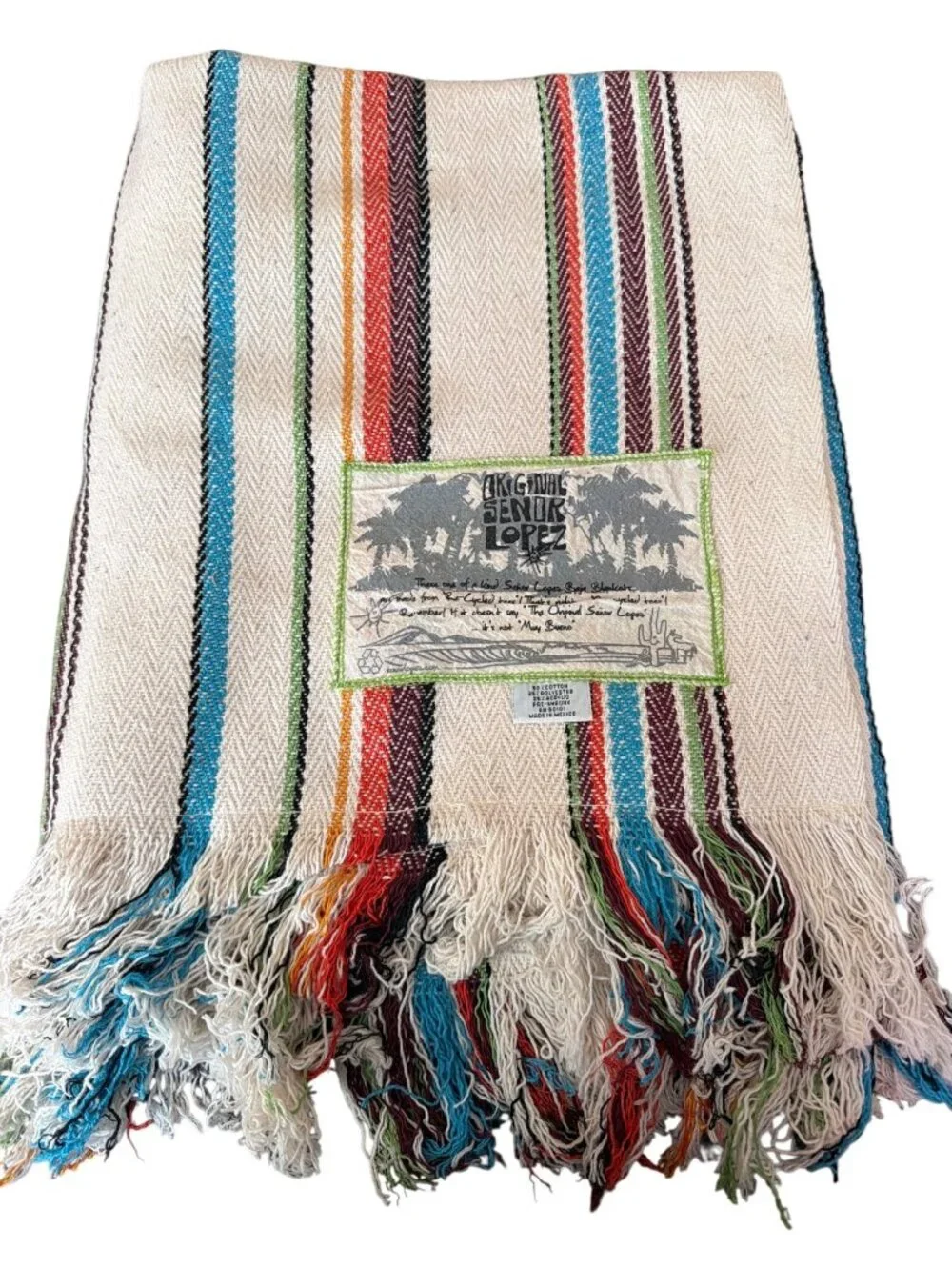 Original Señor Lopez Baja Blanket Throw Mexican Serape Throw Fringe Mexico 62x54